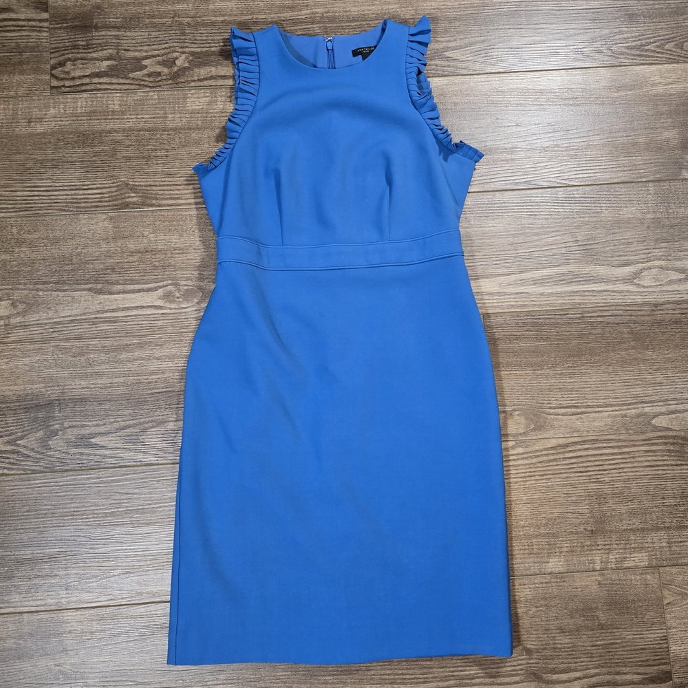 Ann Taylor Dress Womens 0P Blue Pencil Ruffle-Trim Sleeveless Workwear Cocktail